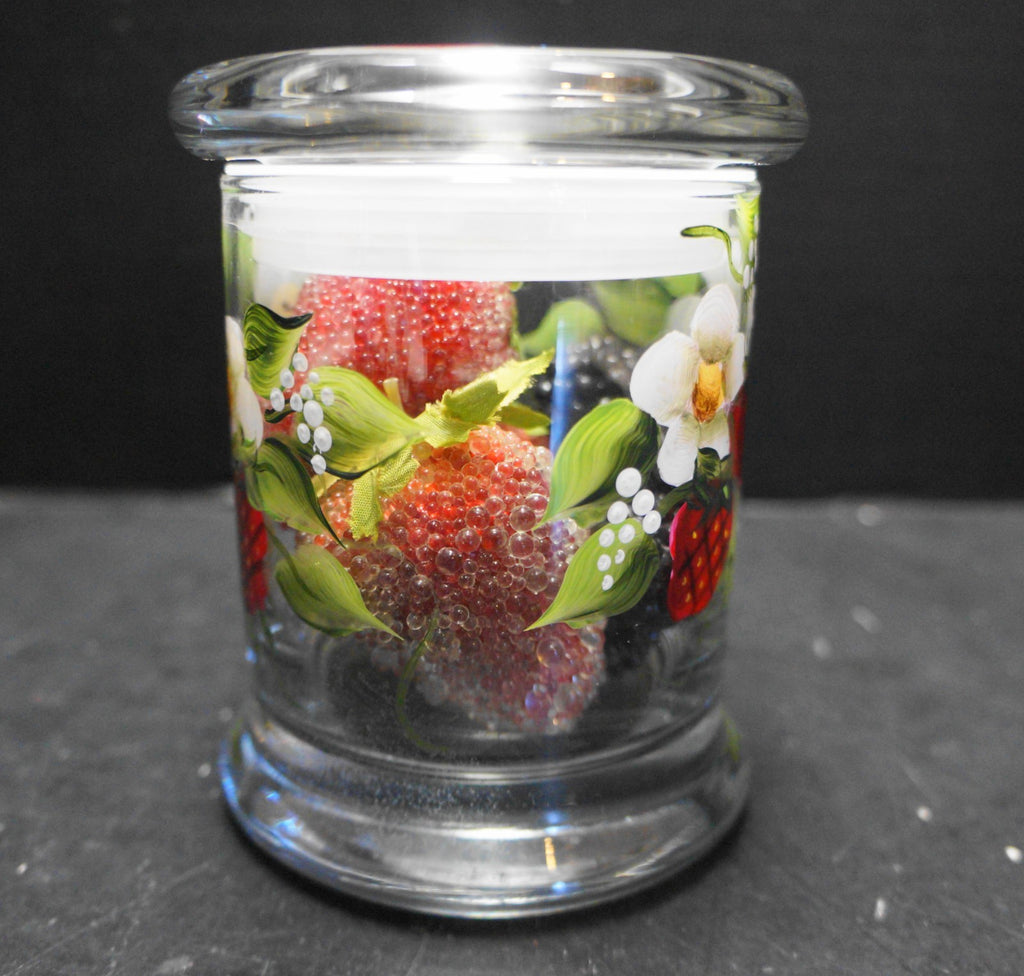 Strawberries Flowers Leaves Hand Painted Clear Glass Jar