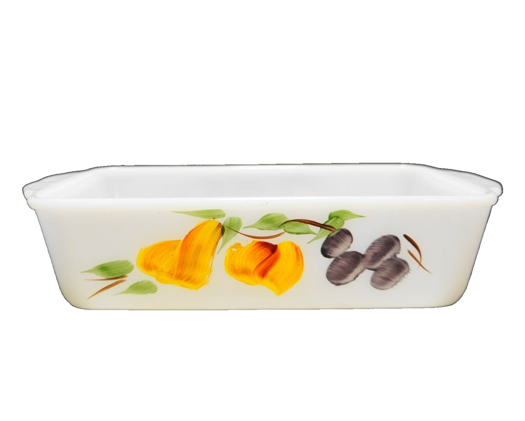 Gay Fad Fruits Fire King Milk Glass Loaf Pan Tab Handles