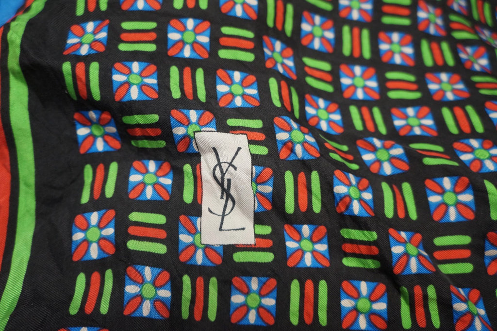 YSL Yves Saint Laurent 1980s Geometric Silk Scarf Black Blue Green Red