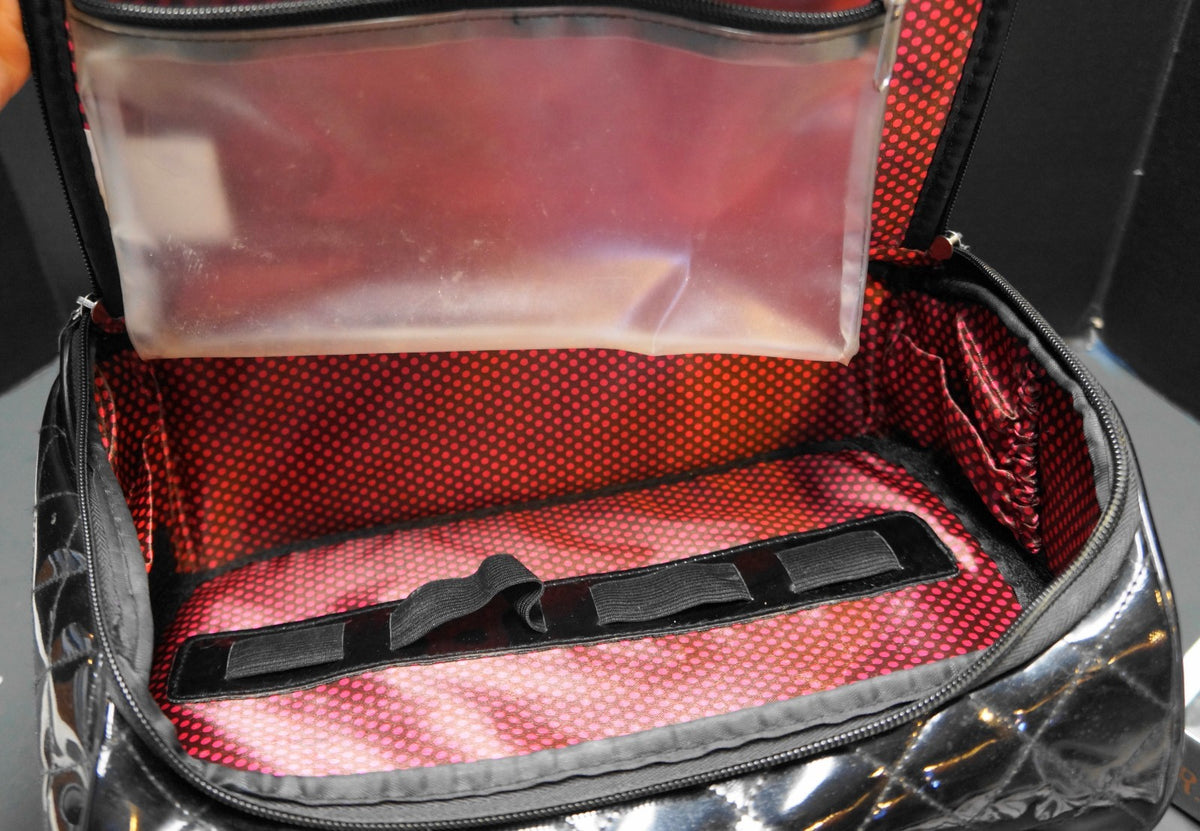 Caboodles Black Patent Quilted Satchel Style Makeup Bag Organizer