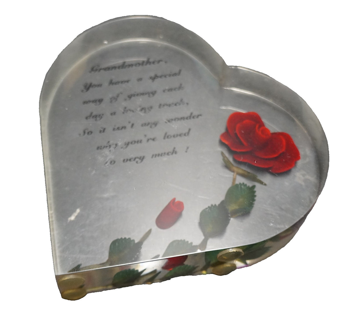Bircraft Lucite Carved Rose Heart Paperweight Grandmother Poem