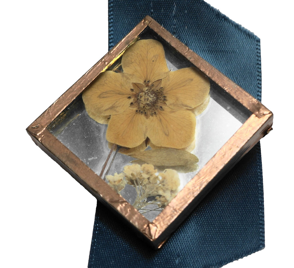 Copper Frame Dried Pressed Flower Square Glass Pin Brooch