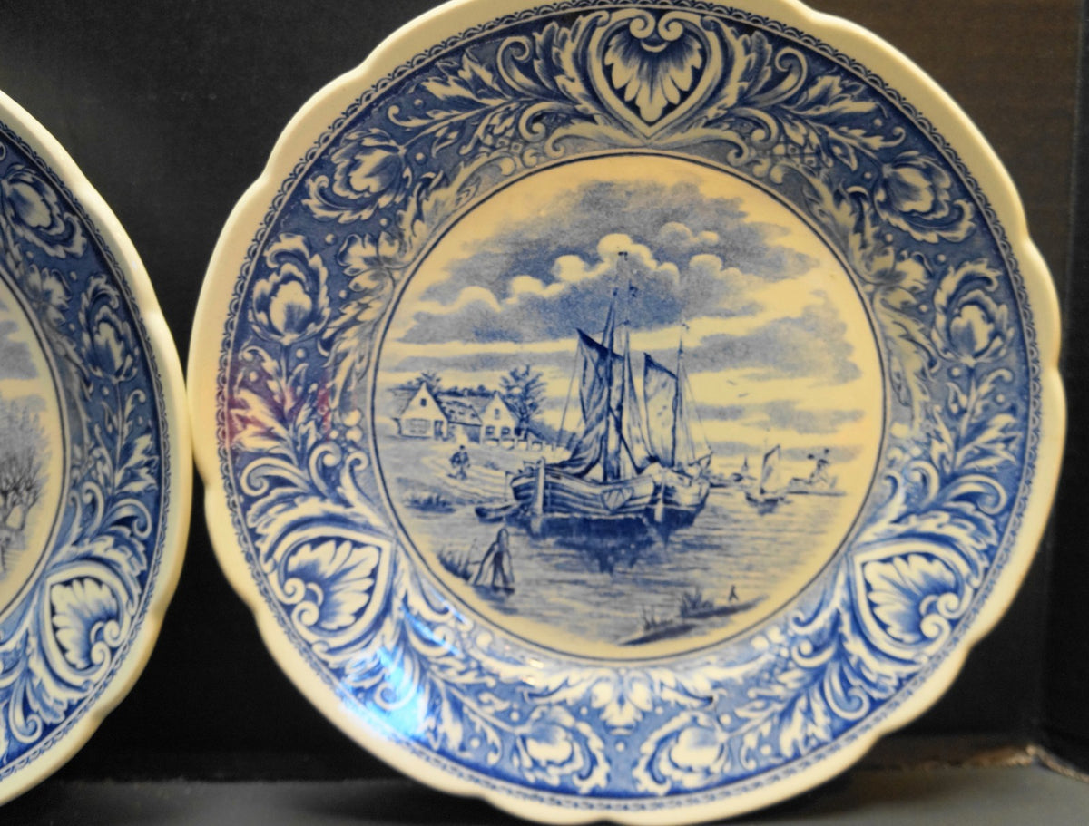 Delfts Boch Belgium Royal Sphinx Pair of Plates Windmill Ships