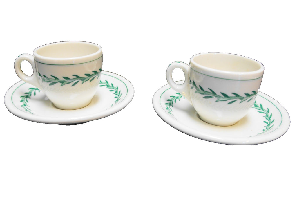 Walker Vitrified China Green Garland Demitasse Cups Saucers Pair