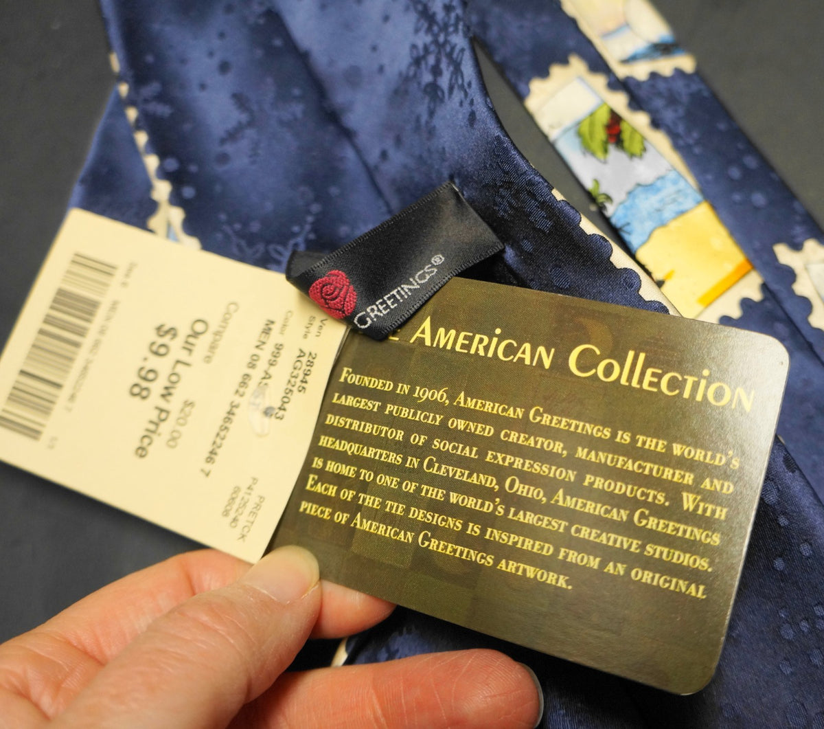 American Greetings Snowmen Around the World Stamps Navy Blue Silk Tie