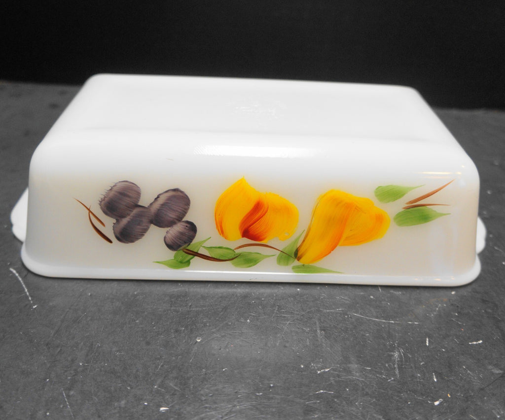 Gay Fad Fruits Fire King Milk Glass Loaf Pan Tab Handles