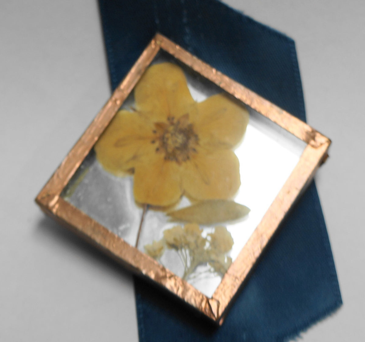 Copper Frame Dried Pressed Flower Square Glass Pin Brooch