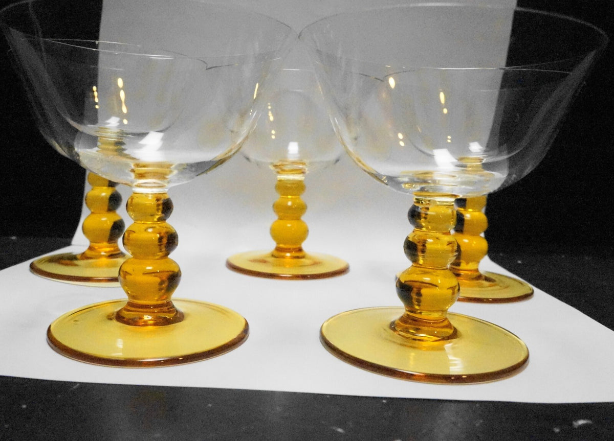 Amber Ball Stem Clear Bowl Blown Glass Sherbets Set of 5