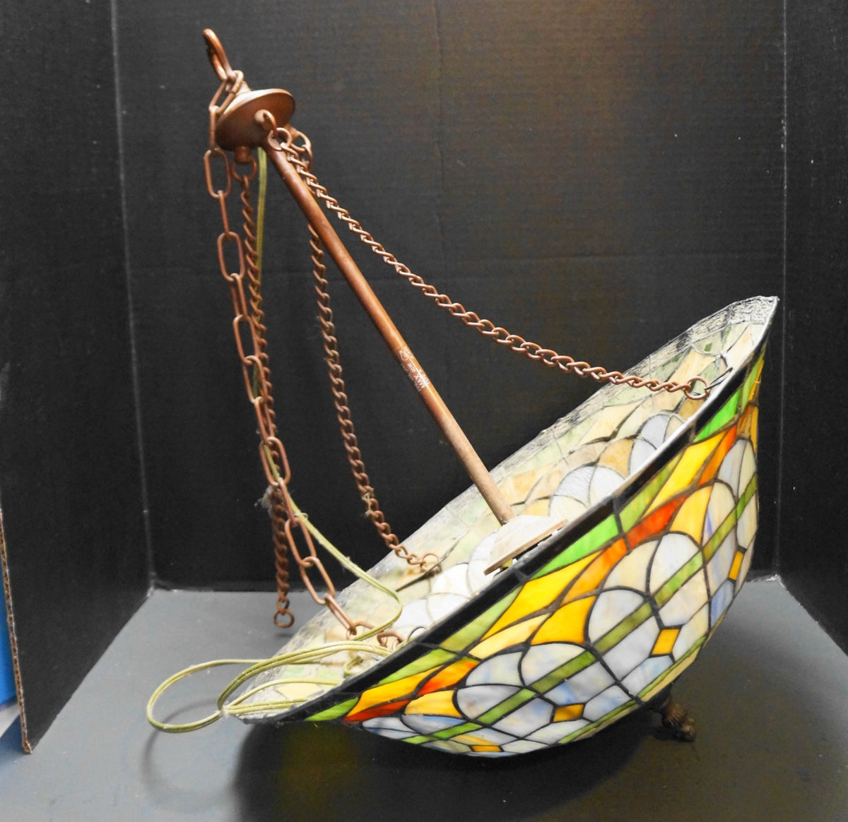 Stained Glass Hanging Swag Lamp Large Arches Diamonds Yellow Blue Green