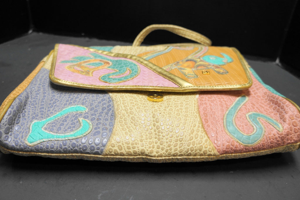 NAS Korea Pastel Patchwork Elephant Applique Faux Leather Reptile Embossed Purse