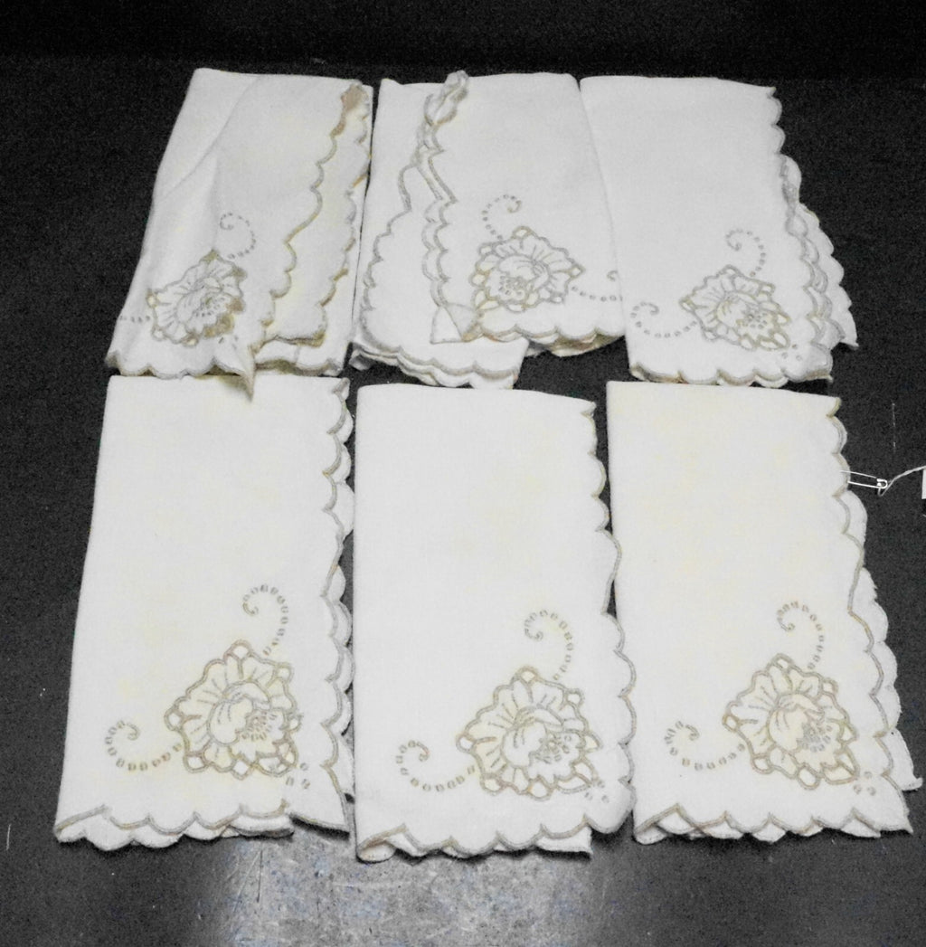 Taupe Embroidered Roses Cream Ecru Linen Napkins Set of 6