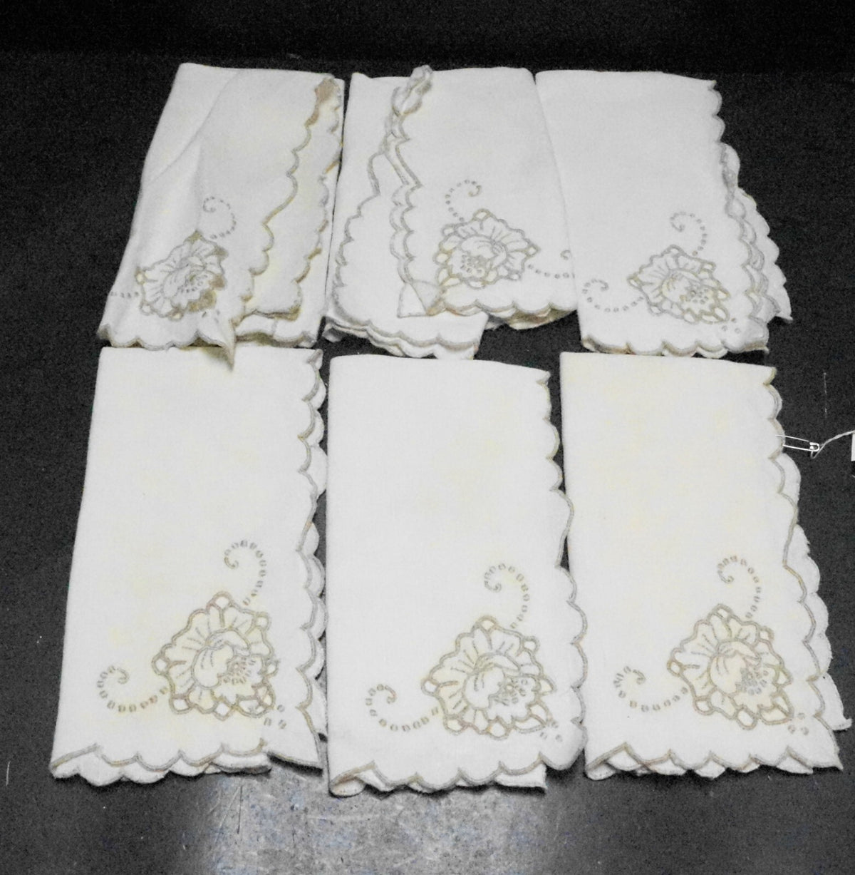 Taupe Embroidered Roses Cream Ecru Linen Napkins Set of 6
