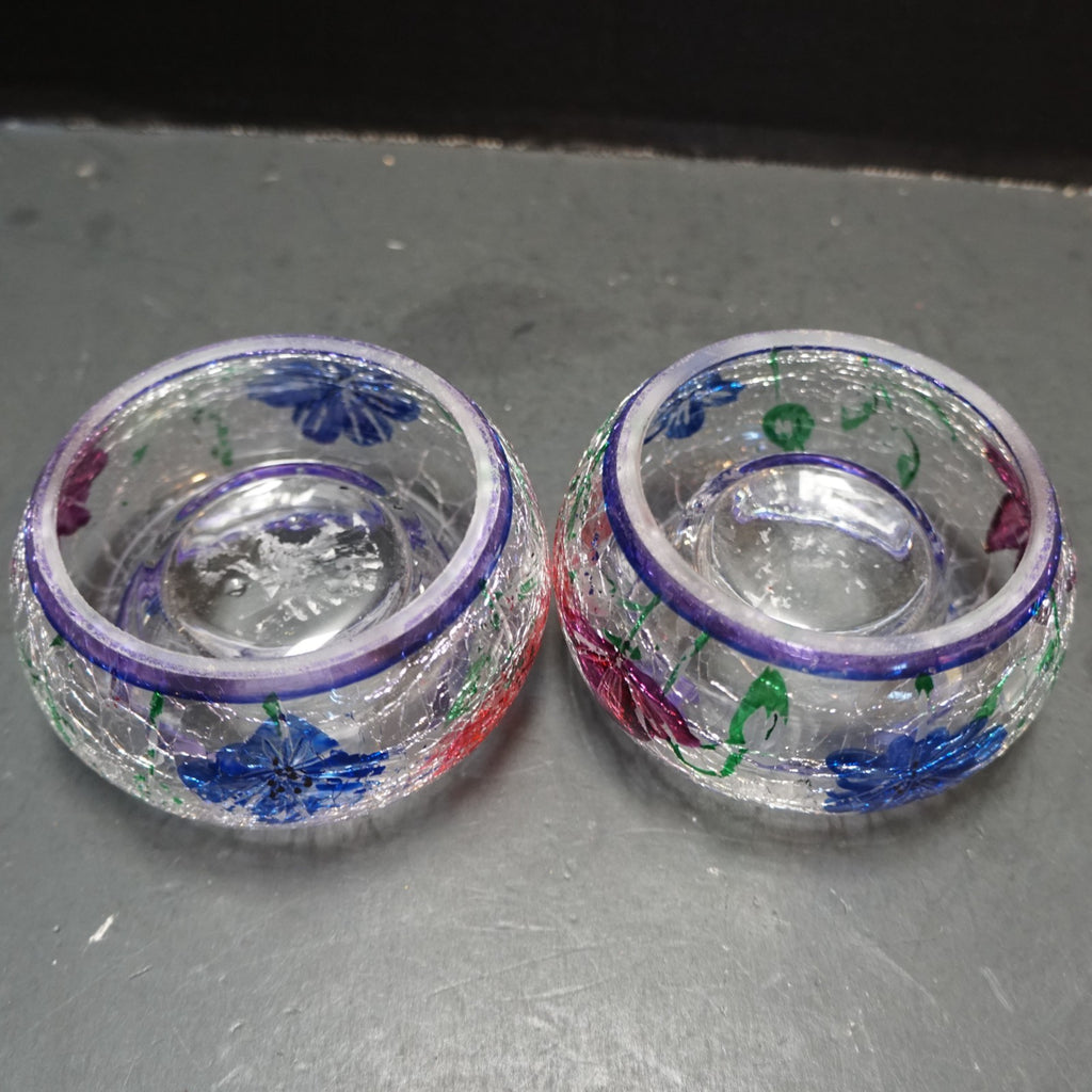Yankee Candle Crackle Glass Floral Hand Painted Tea Light Votive Candle Holders