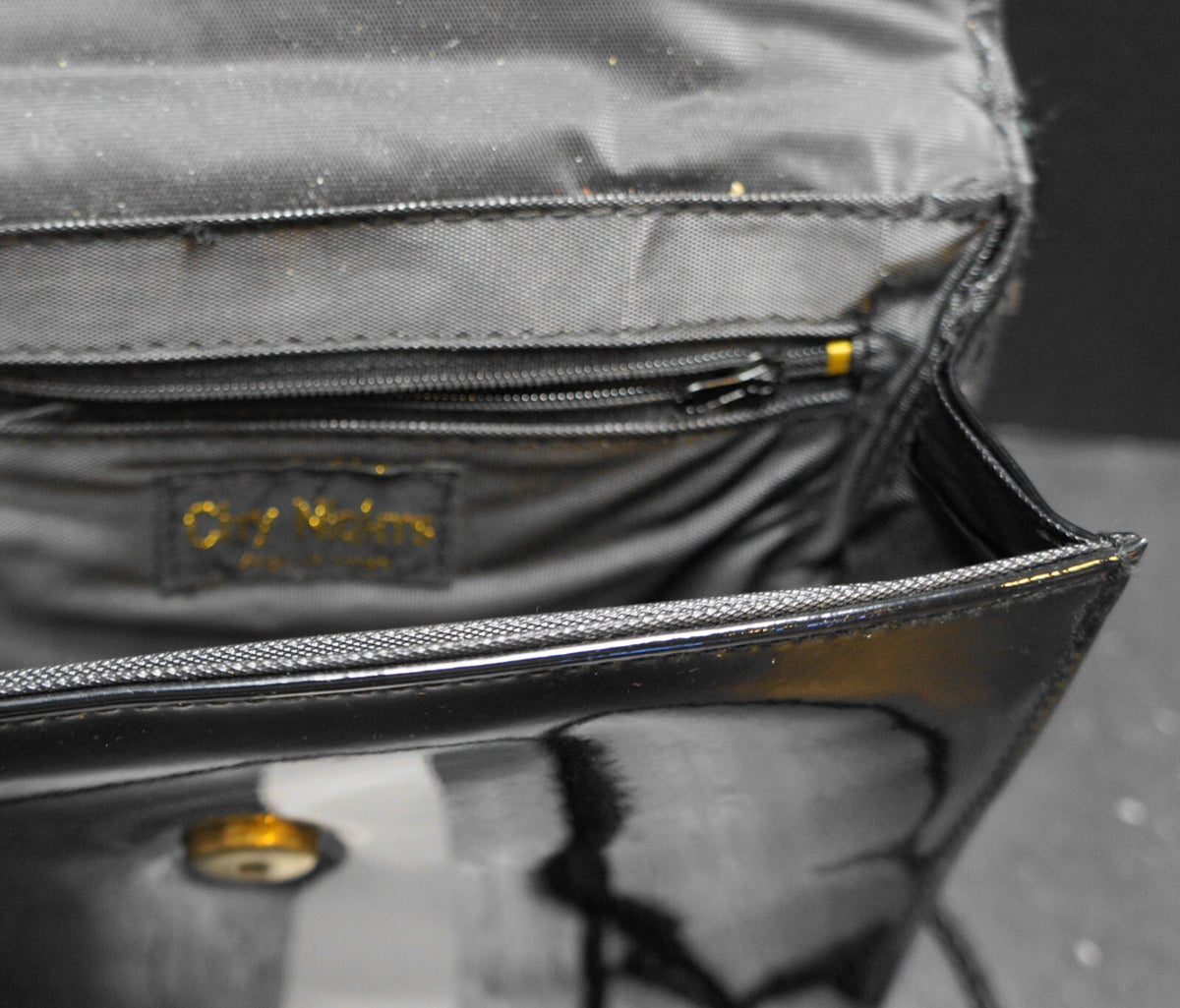 City Nights Black Patent Evening Bag Diagonal Velvet Stripe Flap