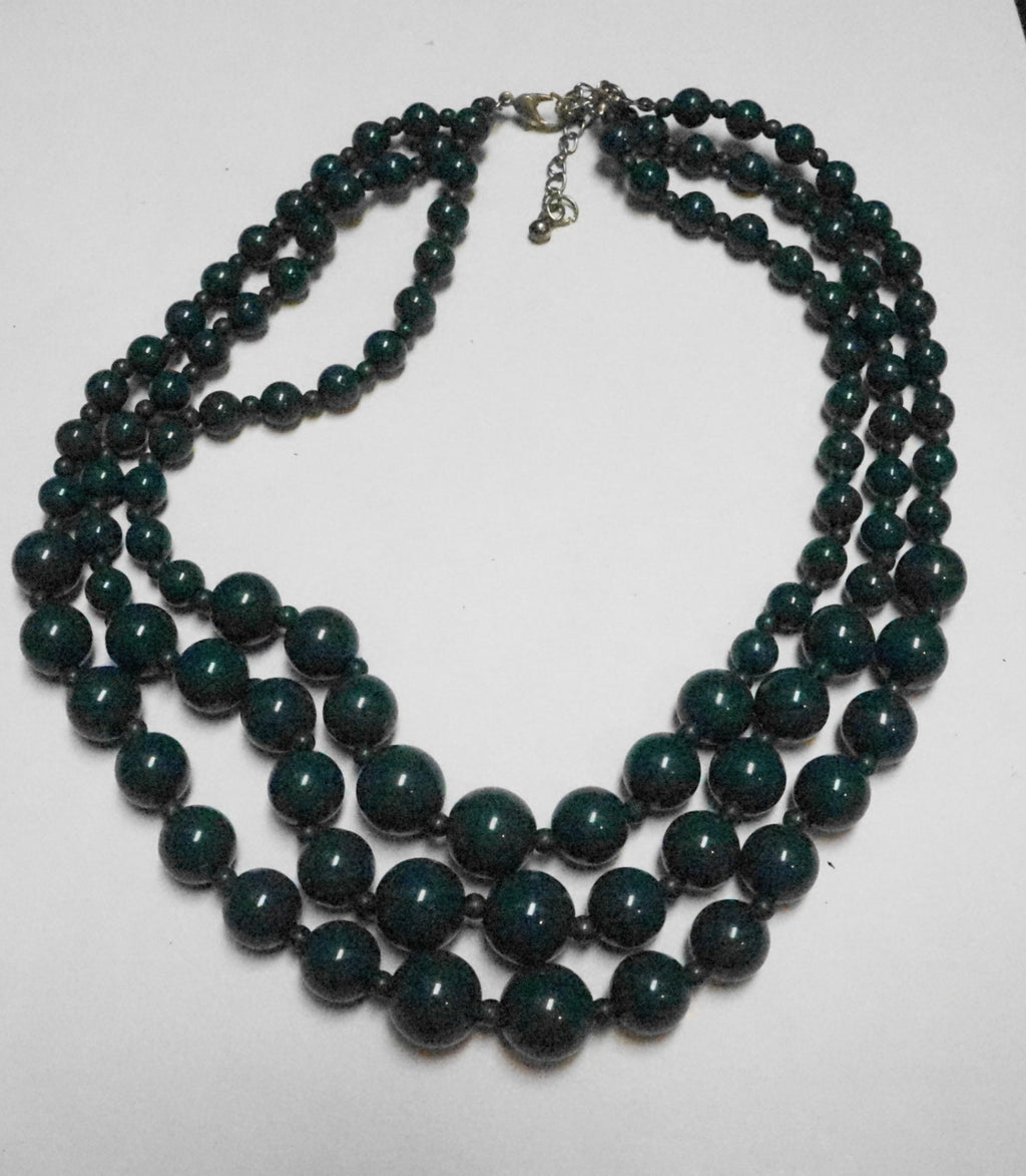 Deep Green Plastic Triple Strand Graduated Beads Necklace