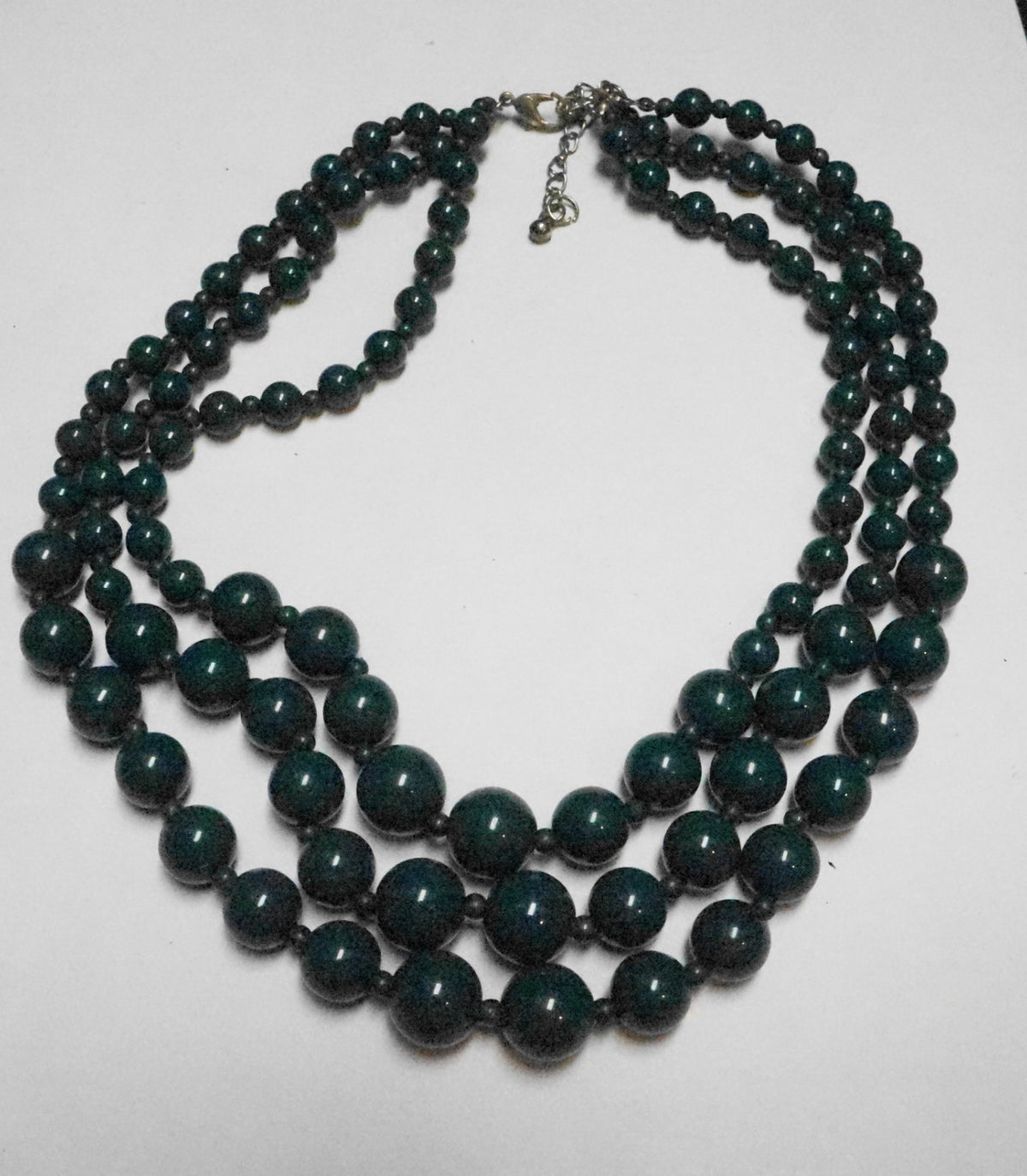 Deep Green Plastic Triple Strand Graduated Beads Necklace