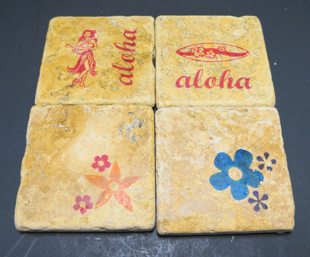 Hawaii Aloha Stone Coasters Hand Stamped by Sara Set of 4