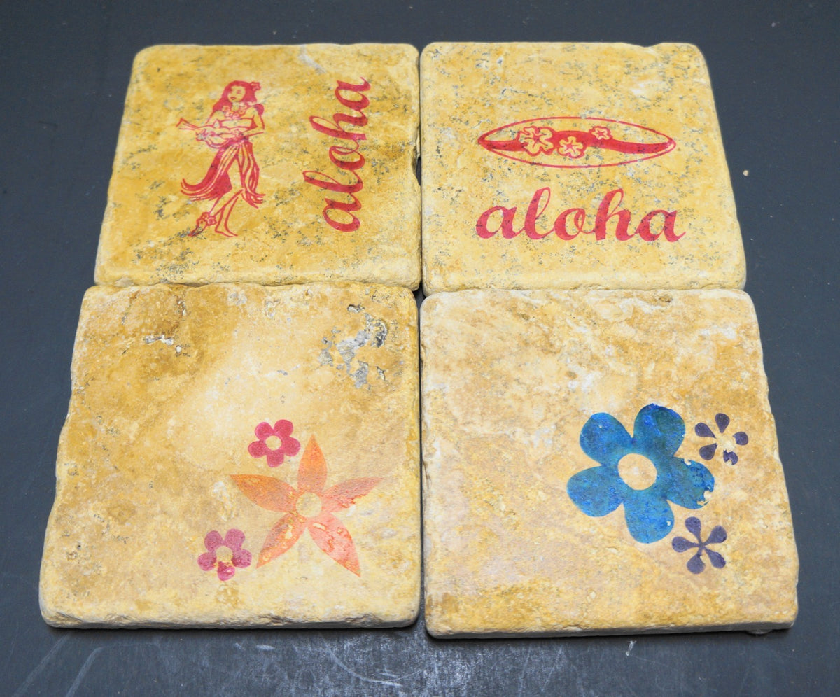 Hawaii Aloha Stone Coasters Hand Stamped by Sara Set of 4