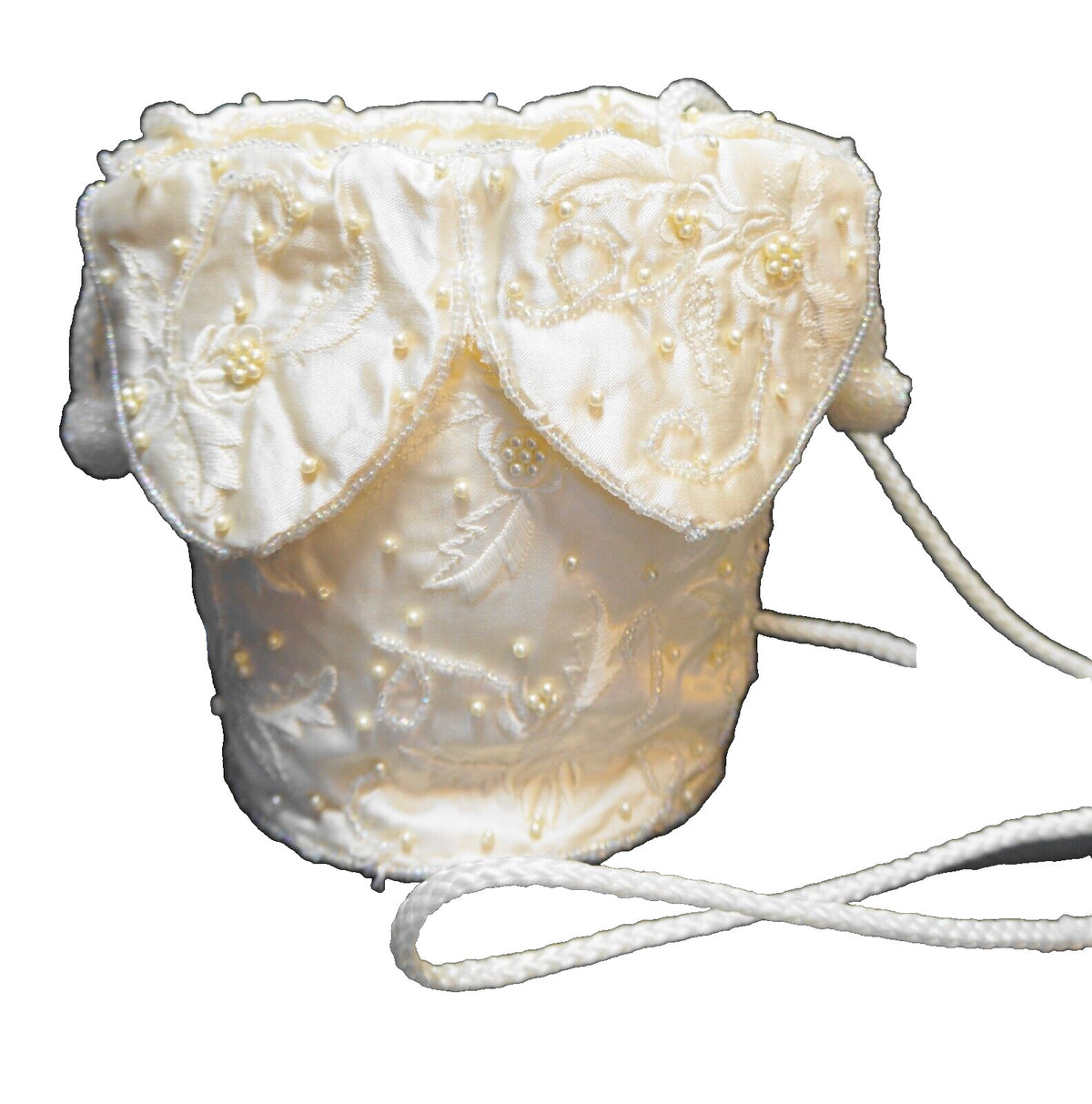 Cream Satin Beaded Drawstring Pouch Purse Evening Bag