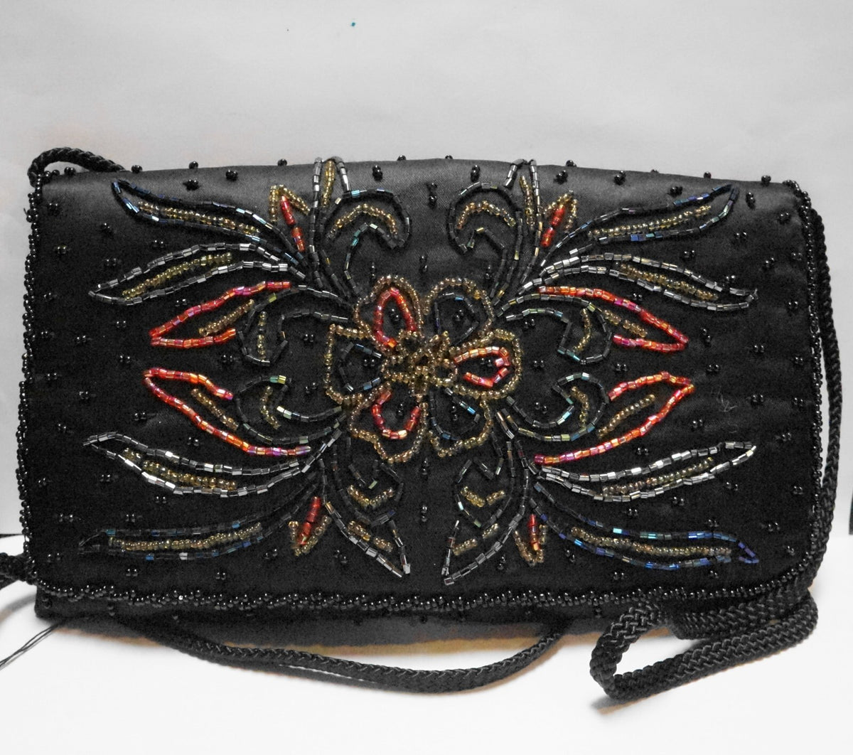 La Regale Black Satin Beaded Flowers Evening Bag Purse