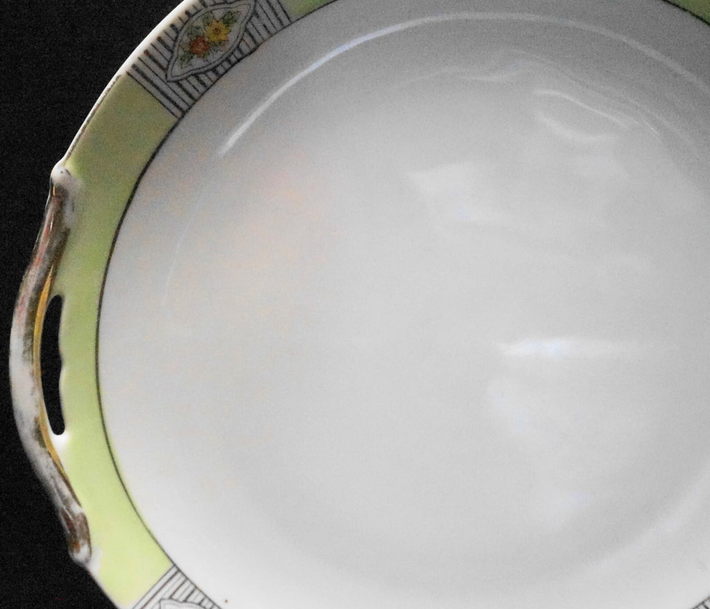 Noritake Morimura Art Deco Cake Plate Green Rim Flowers
