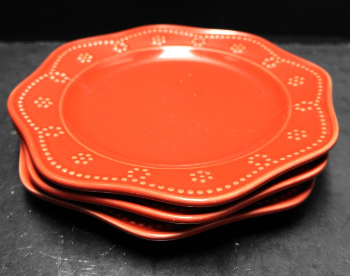 Food Network Fontinella Red Dinner Plates Set of 3 Embossed Beads Scalloped
