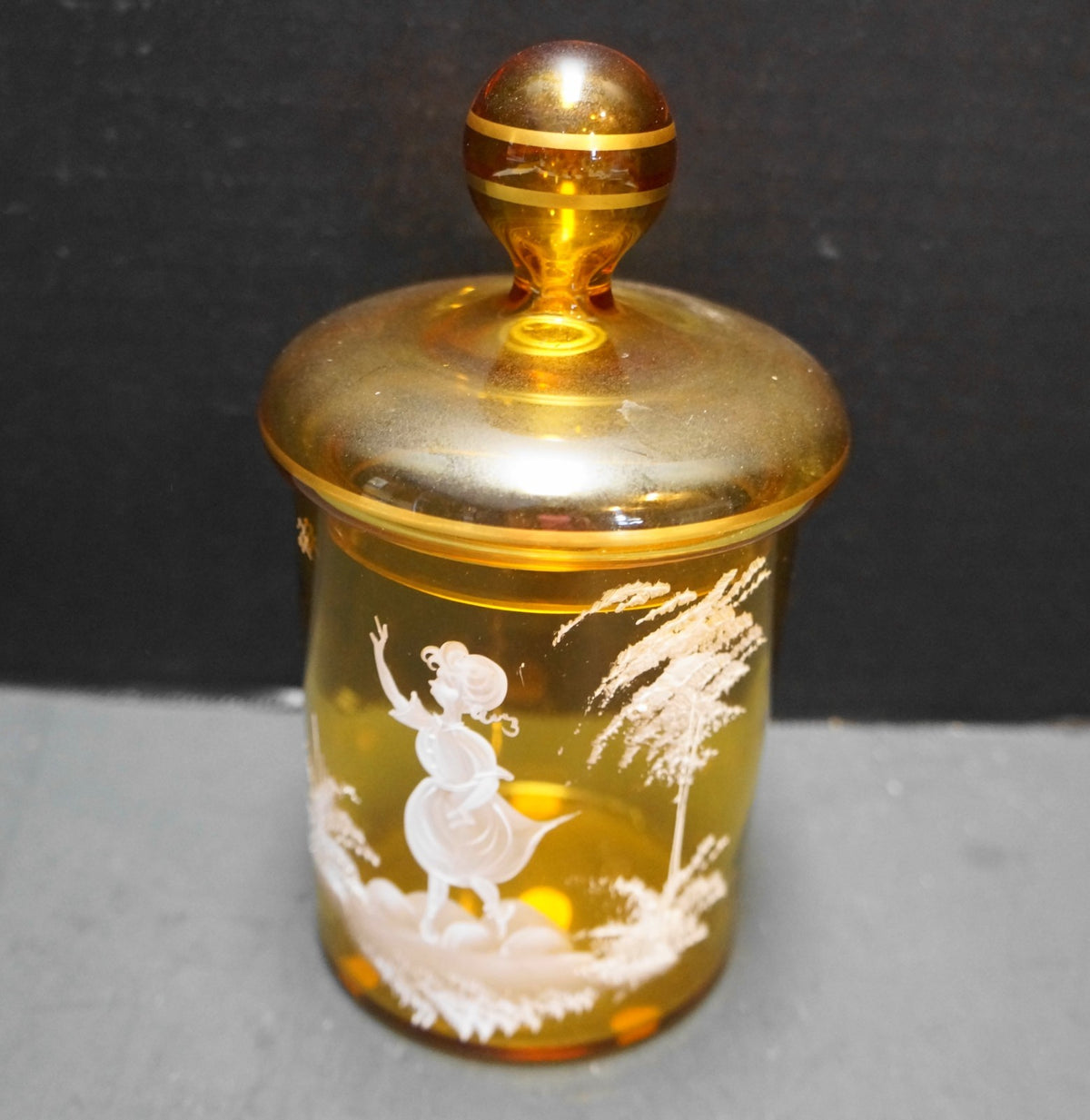 Mary Gregory White Enamel Hand Painted Amber Glass Small Jar West Germany