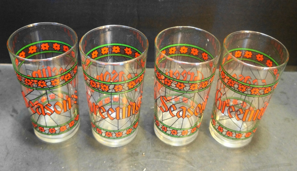 Season s Greetings Stained Glass Red Green Tumblers Set of 4 Christmas