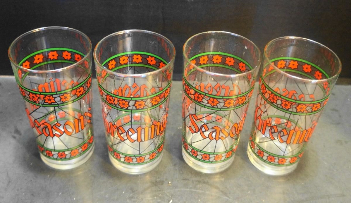 Season s Greetings Stained Glass Red Green Tumblers Set of 4 Christmas