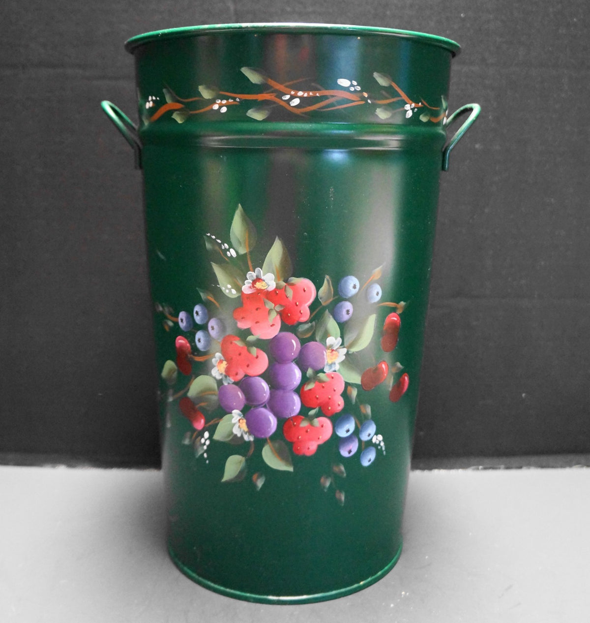Tole Hand Painted Fruit Dark Green Umbrella Holder