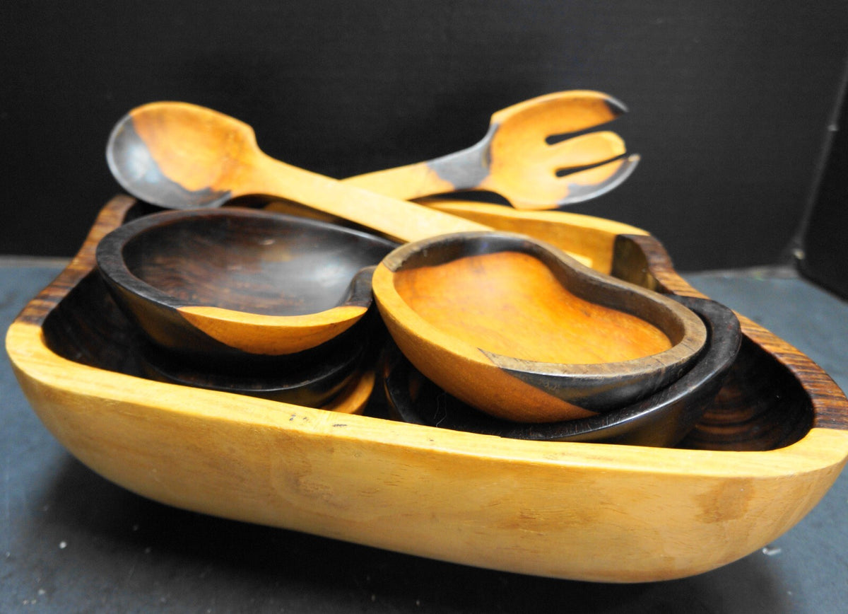 Hand Carved Blackwood Salad Set 9 Pieces Bowls Servers