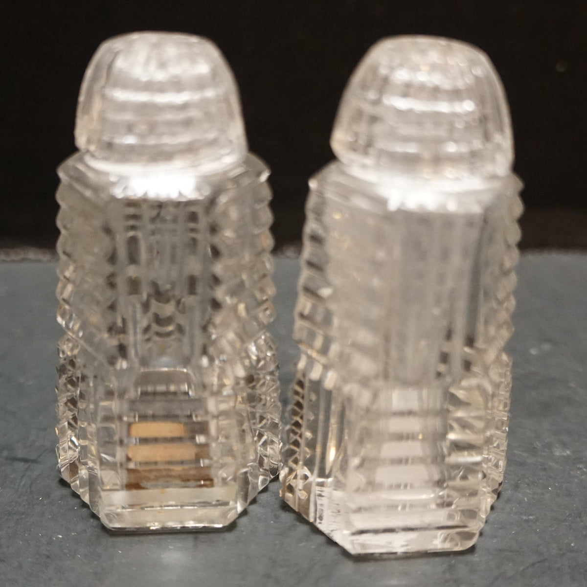 Art Deco Ribbed Cut Crystal Tower Shaped Salt And Pepper Shakers