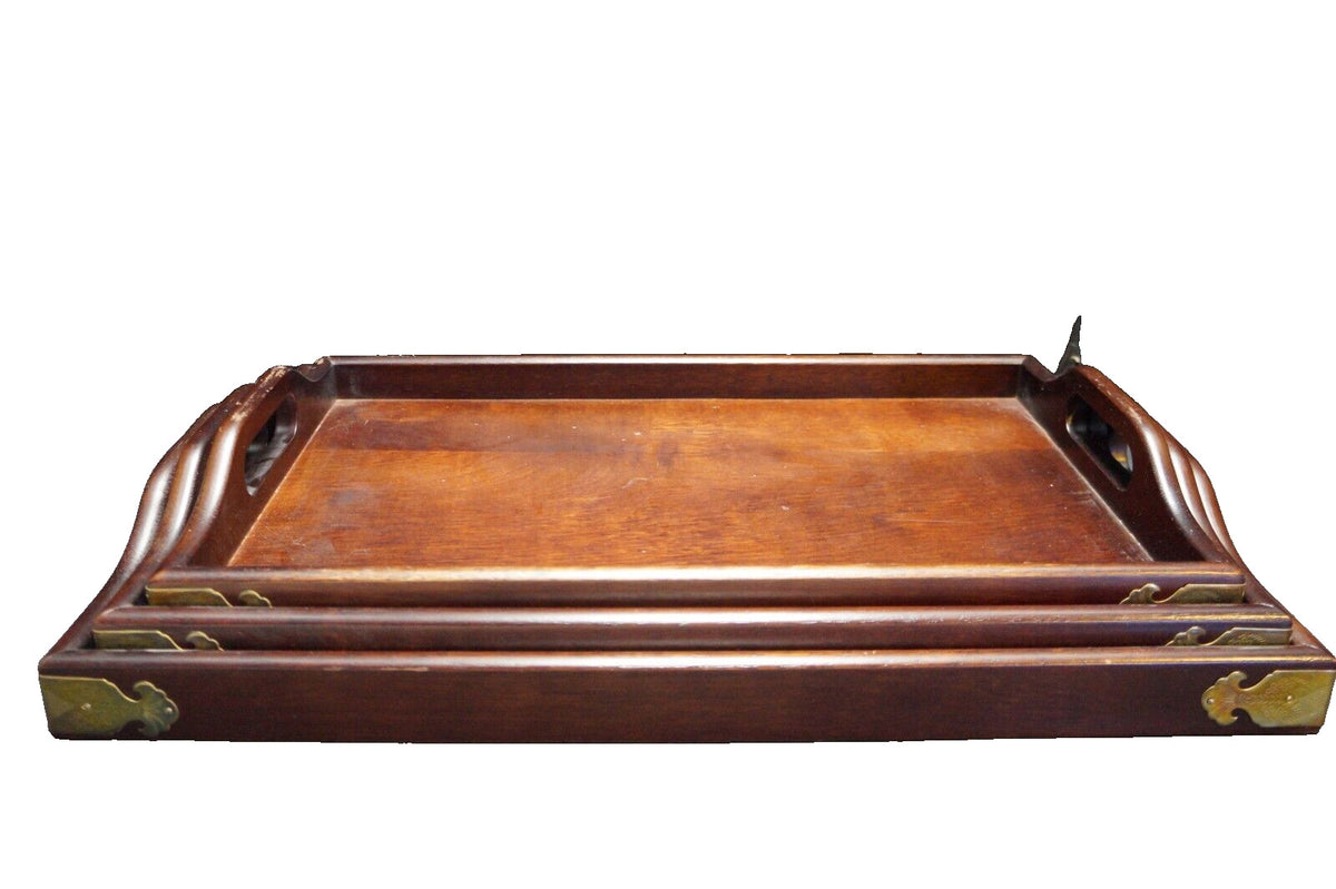 Nesting Wood Trays Dark Cherry Fancy Brass Corners Set of 3