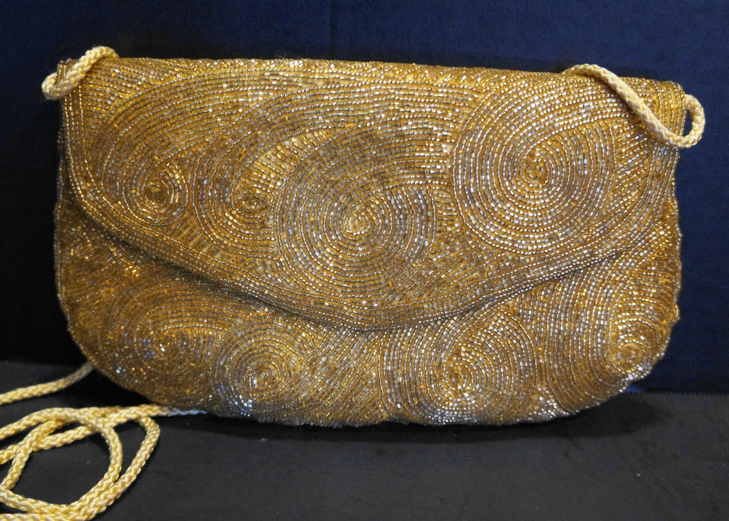 Gold Beaded Swirls Satin Evening Bag Purse