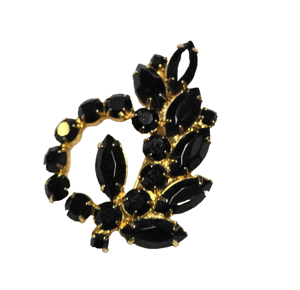 Black Glass Rhinestone Prong Set Gold Tone Pin