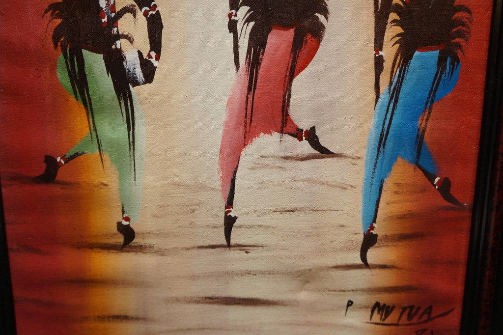 African or Haitian Original Oil Painting Signed P Mutua 81 Warriors Dancing 18 x