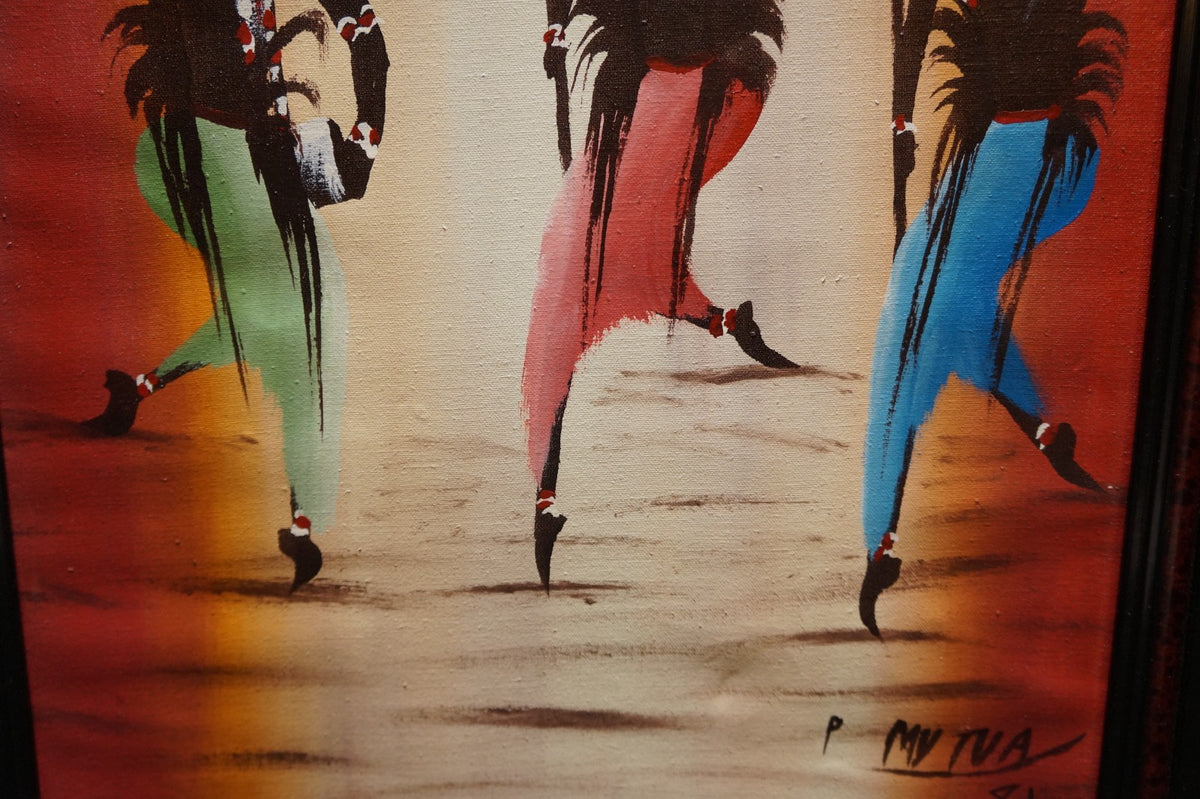 African or Haitian Original Oil Painting Signed P Mutua 81 Warriors Dancing 18 x
