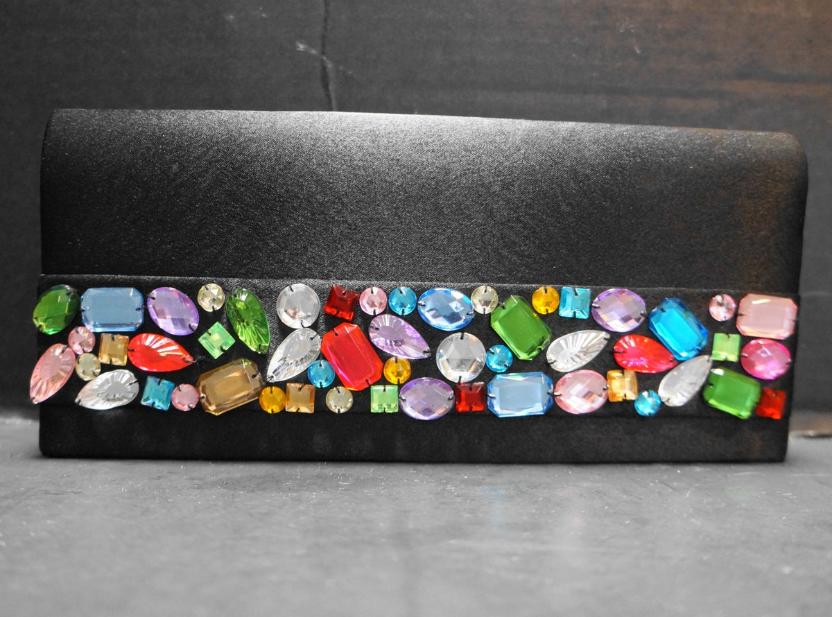 Black Satin Evening Bag Colorful Faux Rhinestones Embellished
