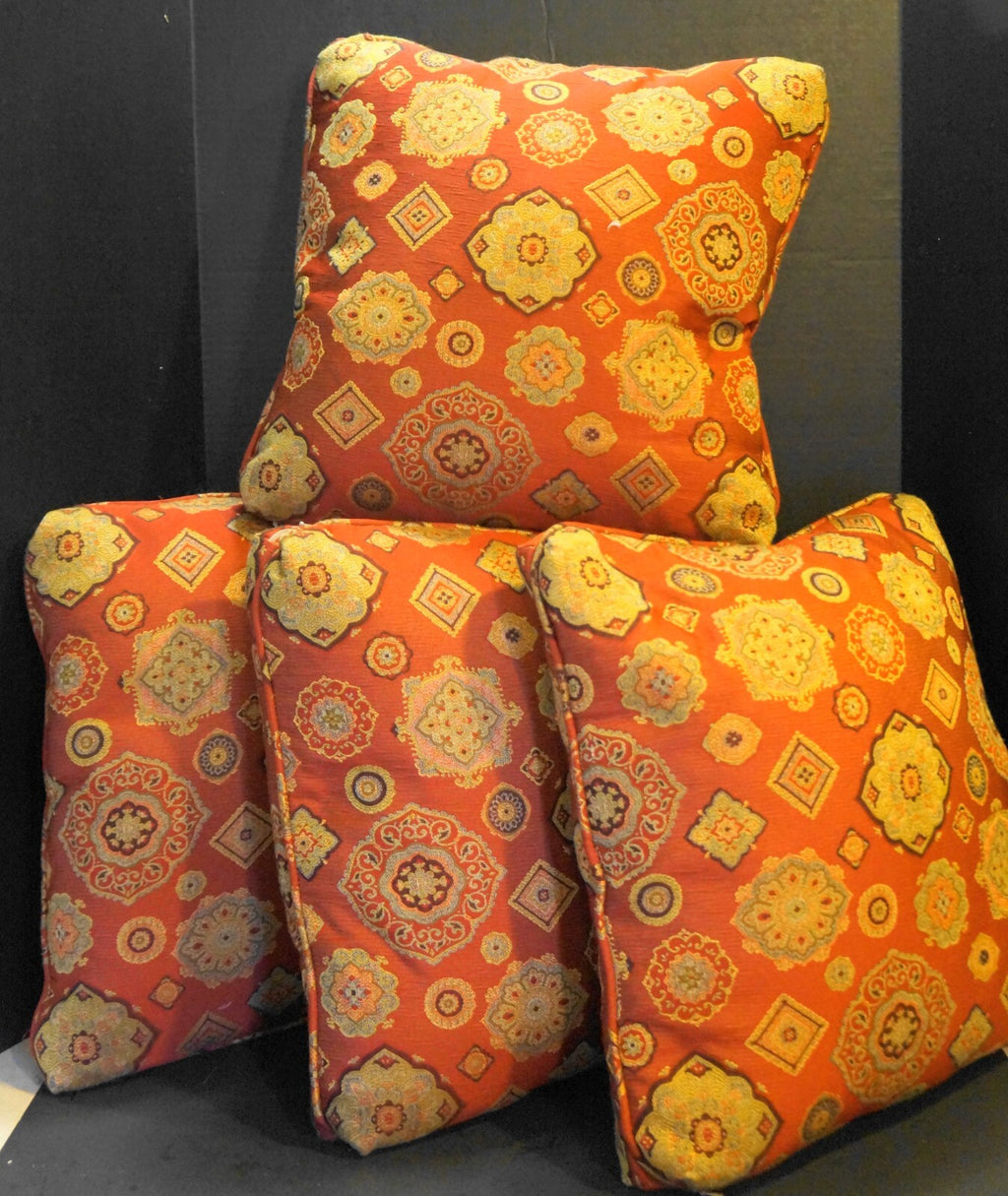 Ethan Allen Red Gold Brocade Jacquard Accent Throw Pillows 16" x 16" Set of 4