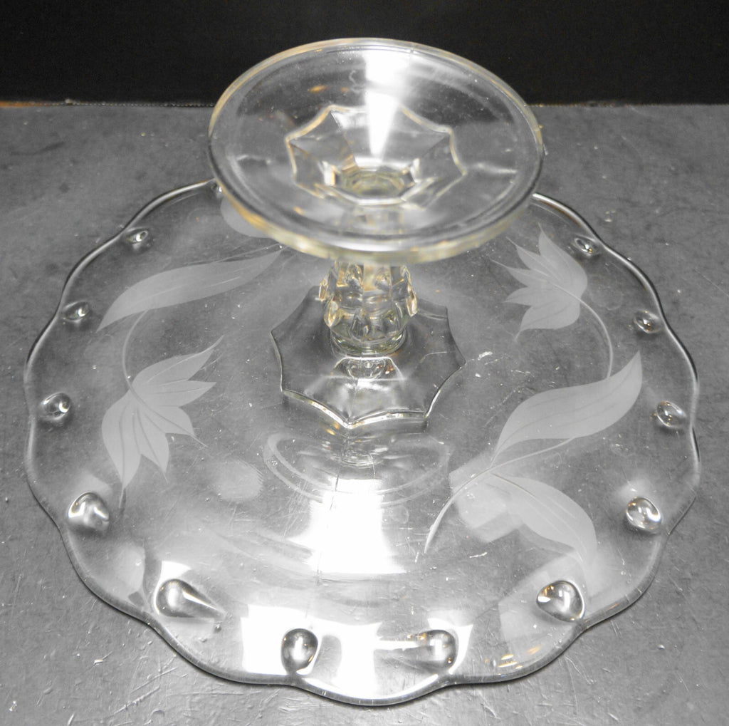 Indiana Glass Teardrop Clear Cake Stand Etched Flowers