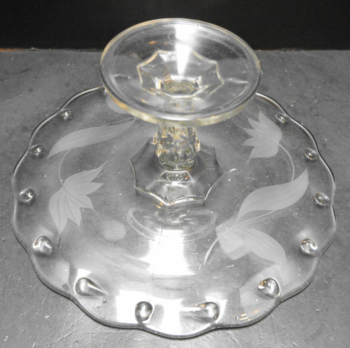 Indiana Glass Teardrop Clear Cake Stand Etched Flowers