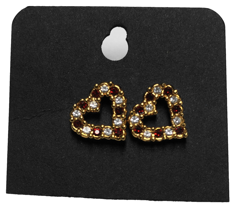 Avon Gold Tone Heart Stud Earrings Red Clear Crystals Rhinestone