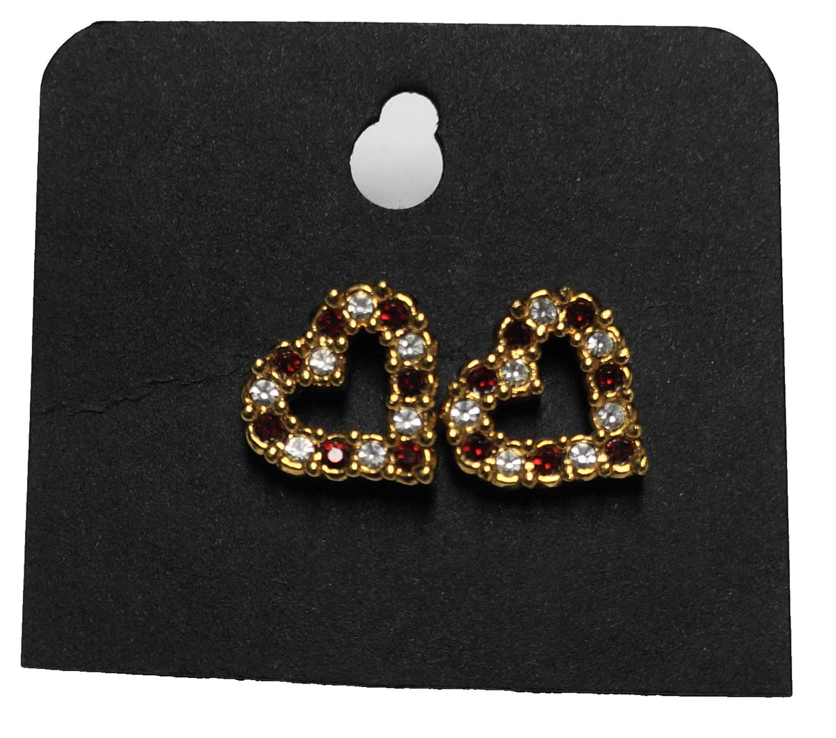 Avon Gold Tone Heart Stud Earrings Red Clear Crystals Rhinestone
