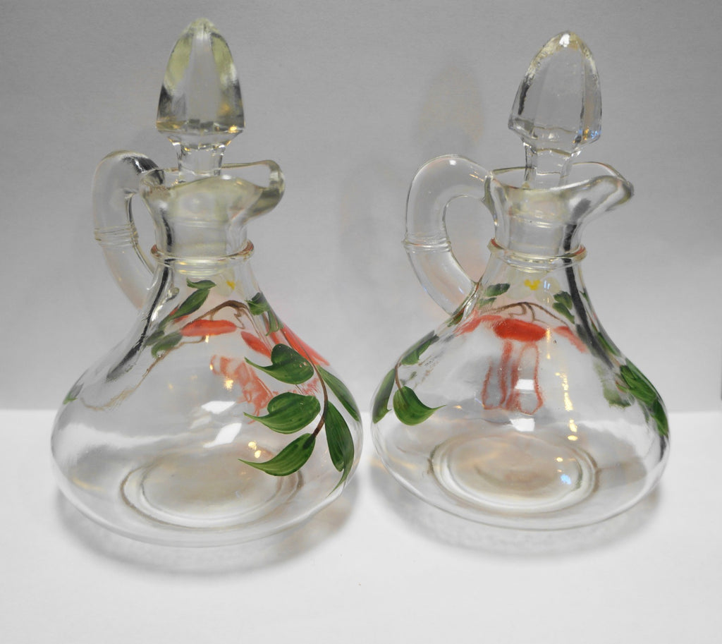 Cherry Cherries Oil Vinegar Cruets Pair Hand Painted Gay Fad Anchor Hocking