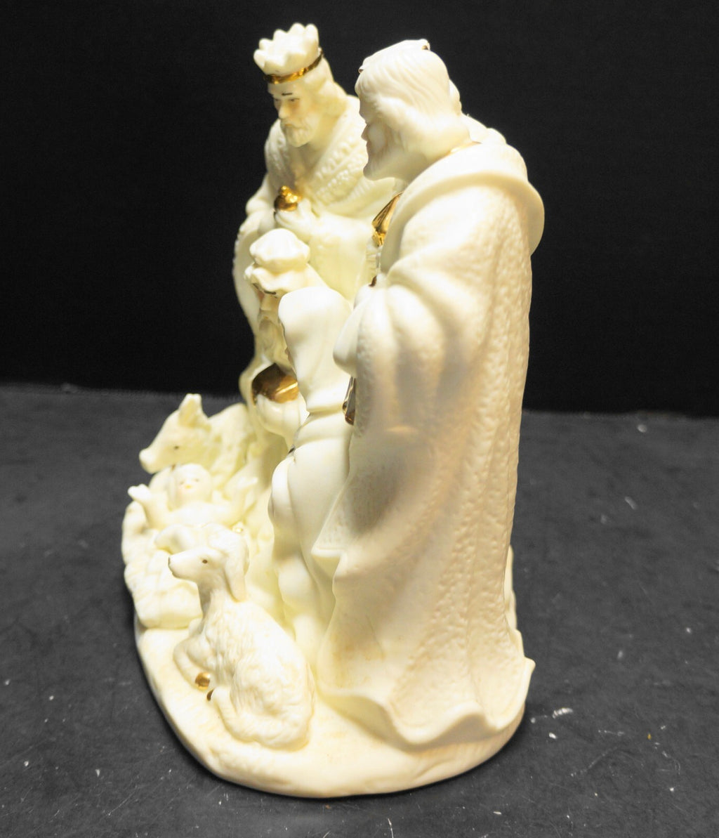 Cream Ivory Bisque Porcelain Nativity Set One Piece Figurine Hand Painted Gold