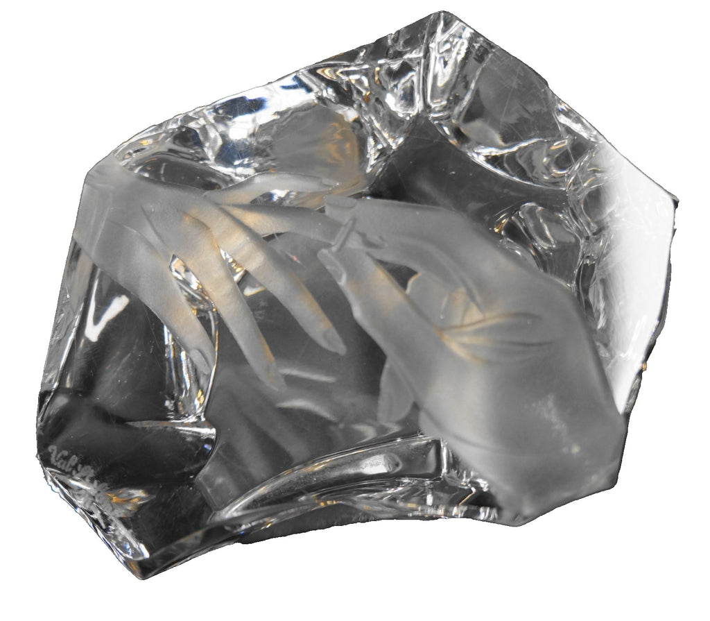 Val St Lambert Crystal Rock Paperweight Cut Hands Wedding Ring Frosted