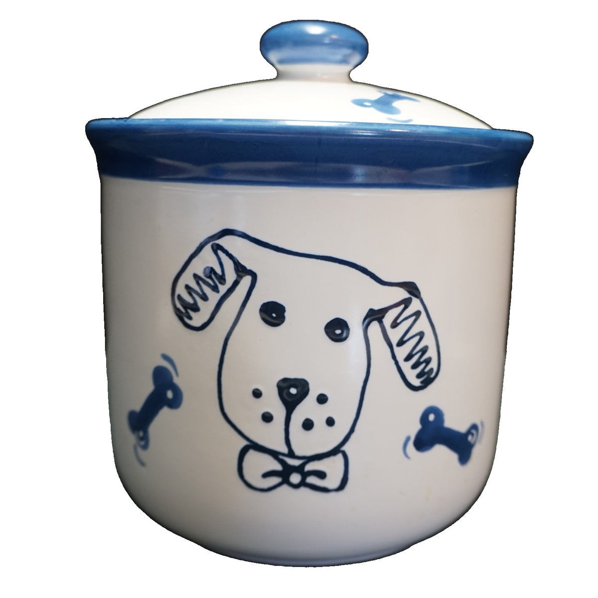 Lillian Vernon Blue White Hand Painted Dog Treat Jar Stoneware