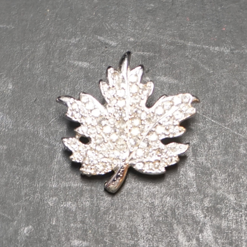 Rhodium Plated Silver Tone Clear Rhinestone Maple Leaf Pin Brooch Small