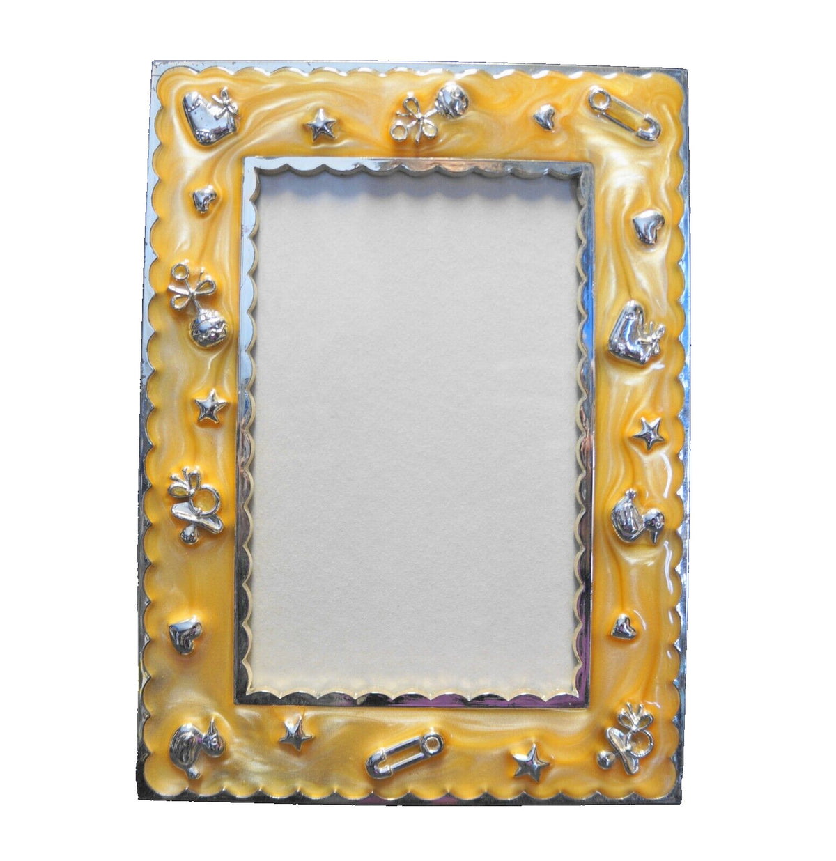 Royal Doulton Baby Picture Frame Yellow Enamel Gold Tone Relief Rattle Pacifier