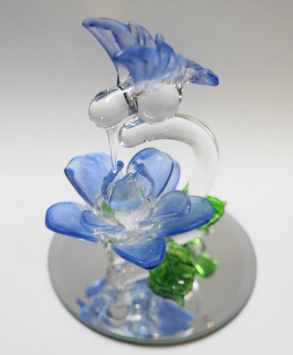 Vintage Blown Art Glass Hummingbird Blue Frosted Flower Figurine on Mirror Base